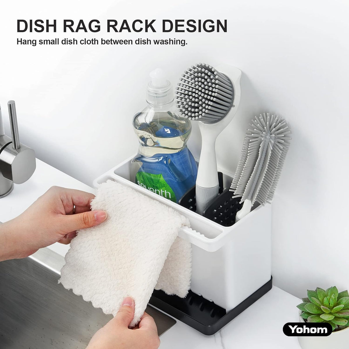 YOHOM Kitchen Sponge Brush Holder for Sink Black Dish Sponge Caddy Countertop Organizer Plastic Scrub Brush Holder with Dividers