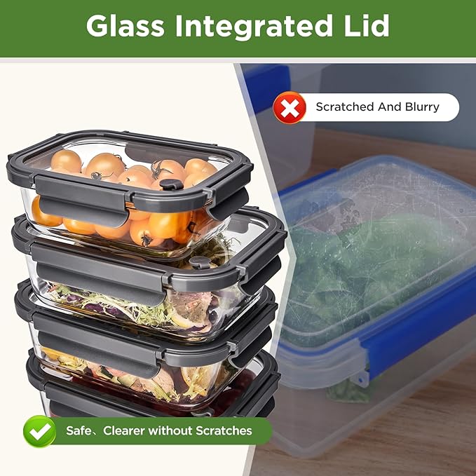 Glass Food Storage Containers with Lids, 5 Pack of 36oz, Glass Meal Prep Container with Airtight Lids, Microwave Safe Food Container Set, BPA Free, LeakProof, Ideal for Lunch