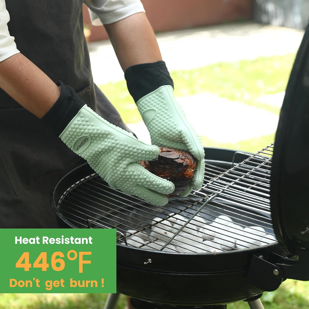 GEEKHOM BBQ Gloves Heat Resistant Oven Mitts - Silicone Grilling Gloves with 13.7" Arm Protection - Waterproof Pot Holder Non-Slip for Men & Women, Kitchen Outdoor Cooking, Baking, Camping, Mint Green
