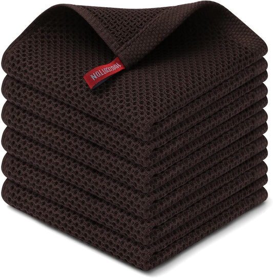 Kitinjoy 100% Cotton Kitchen Dish Cloths, 6 Pack Waffle Weave Ultra Soft Absorbent Dish Towels for Drying Dishes Quick Drying Kitchen Towels Dish Rags, 12 X 12 Inches, Dark Brown