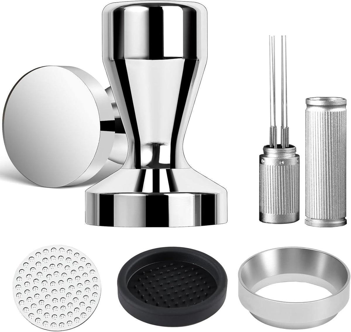 53mm Espresso Accessories Kit,Wdt Tool Espresso,Solid Espresso Tamper,Dosing Funnel and Coffee Puck Screen,Silicone Tamper Mat,0.4mm Stainless Steel 6pin Espresso Stirrer,Barista Tools Espresso Kit