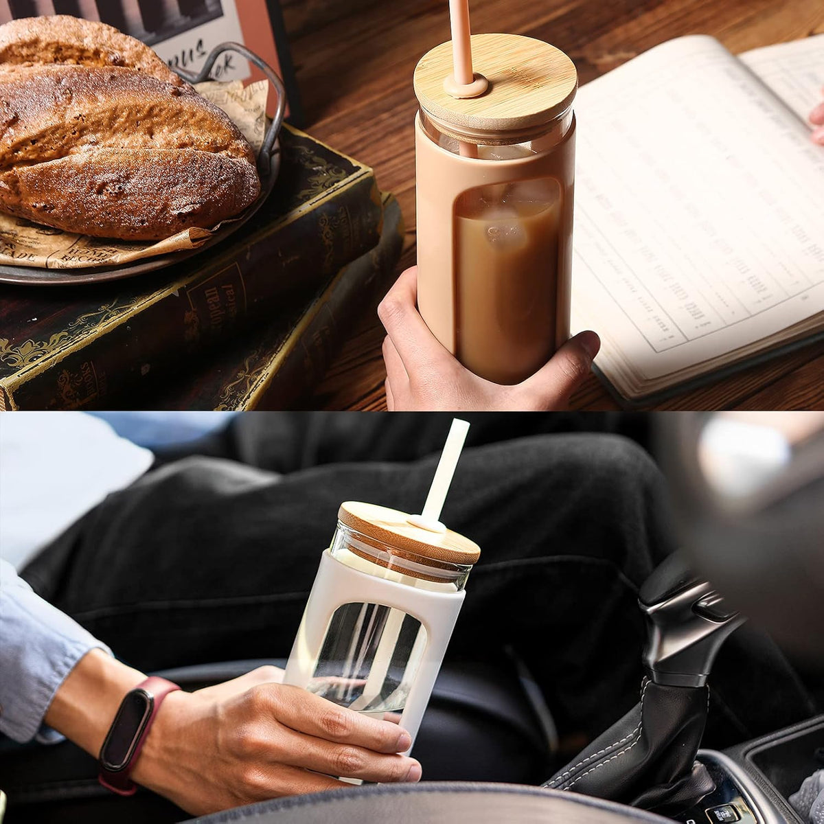 Kodrine 20oz Glass Water Tumbler with Straw and Lid, Bamboo Lids Water Bottle, Iced Coffee Cup Reusable, Wide Mouth Smoothie Cups with Protective Silicone Sleeve BPA FREE-Light Blue