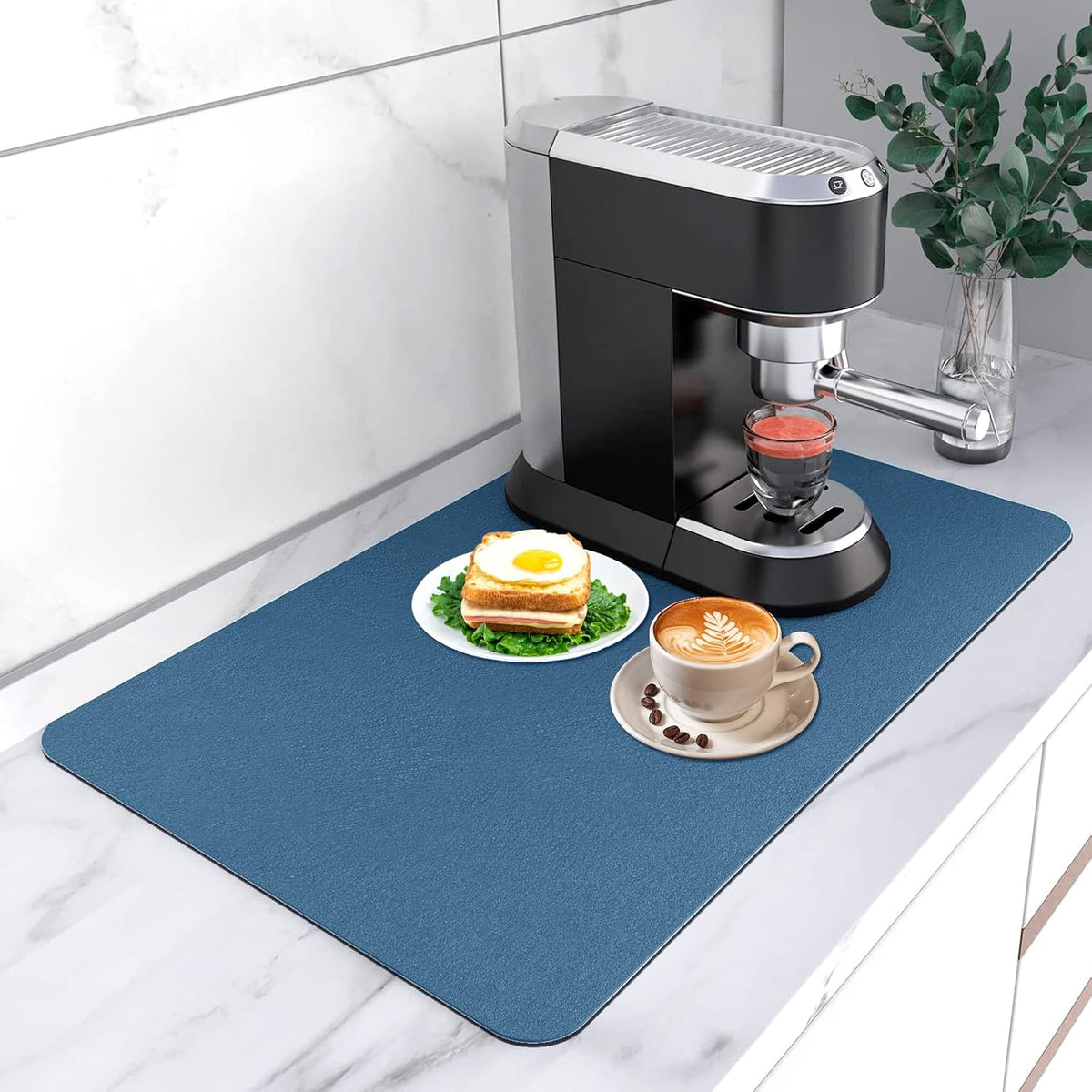 Coffee Mat 12''x19'', Dish Drying Mats for Kitchen Counter Absorbent Hide Stain Bar Mat Coffee Bar Accessories Anti Spill Mat Rubber Backed Fit Under Coffee Maker Espresso Machine Dish Rack (Blue)