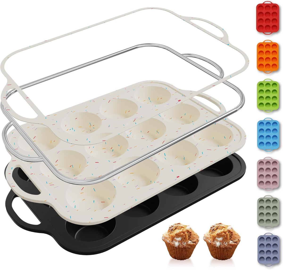 2 Packs 12 Cups Silicone Muffin Pan with Metal Reinforced Frame Regular Size Cupcake Pan Tray Egg Bites Oven Safe Silicone Molds Cookie Muffin Pan Tin Best Baking Sheets Non Toxic Clearance