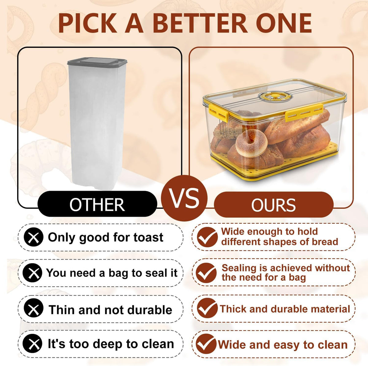 Airtight Bread Box - Clear Plastic Bread Keeper, Fresh Storage for Kitchen Countertop, Large Yellow