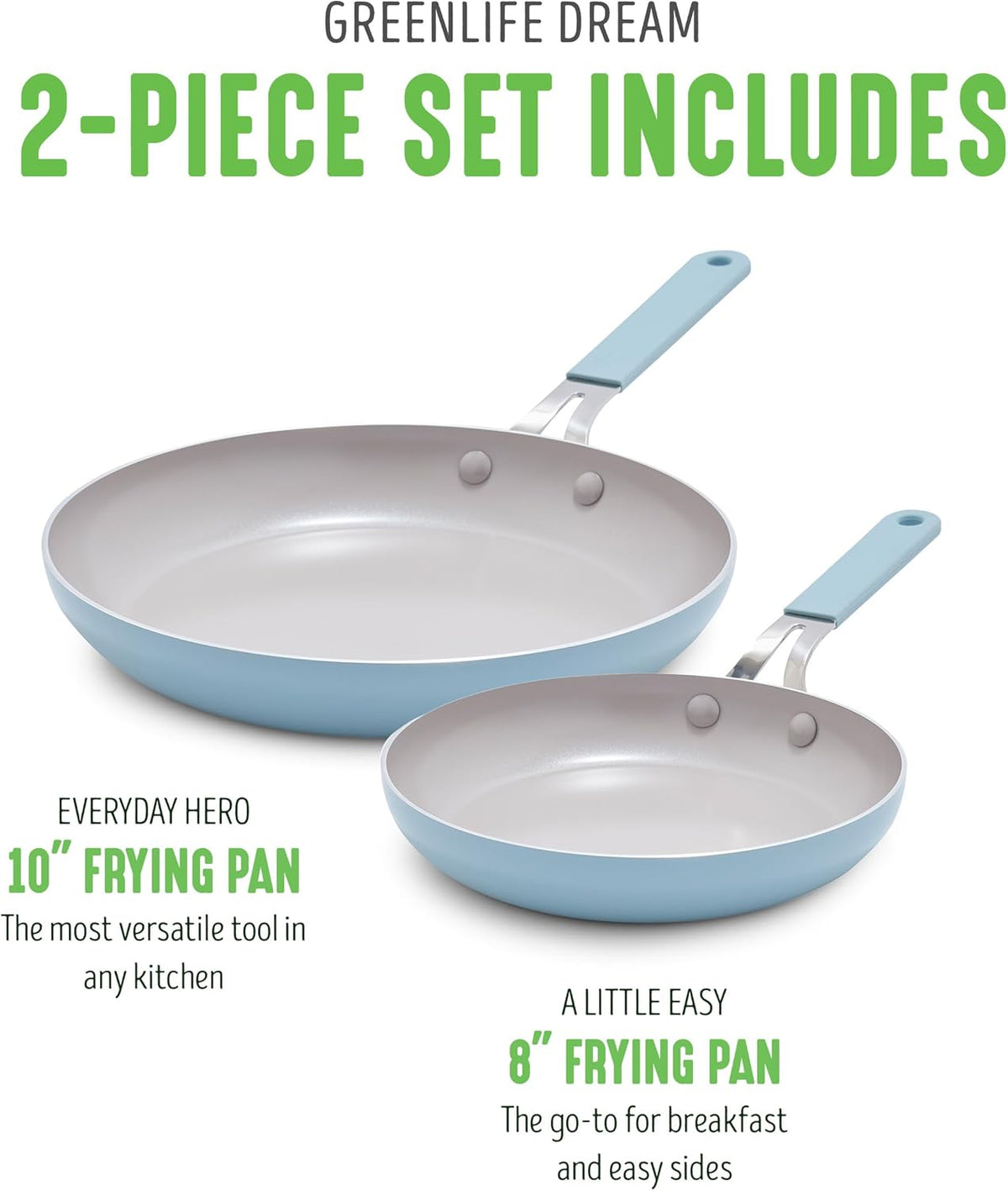 GreenLife 8” & 10” 2 Piece Nonstick Ceramic Frying Pan Set, Lightweight Healthy PFAS-Free Skillets, Dishwasher & Oven Safe, Durable Body, Silicone Stay-Cool Handles, Easy Release, Blue Haze