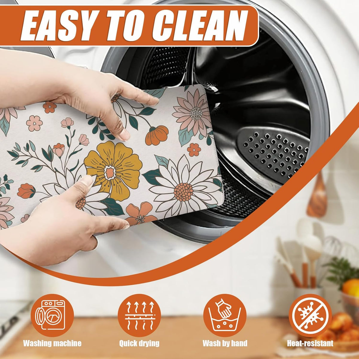 Boho Flower Dish Drying Mat for Kitchen Counter Microfiber Absorbent Dish Kitchen Drying Mat Draining Reusable Washable for Dishes/Utensils/Counterto
