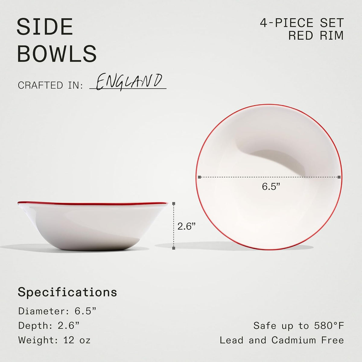 Made In Cookware - Set of 4 - Side Bowls - White With Red Rim - Porcelain England