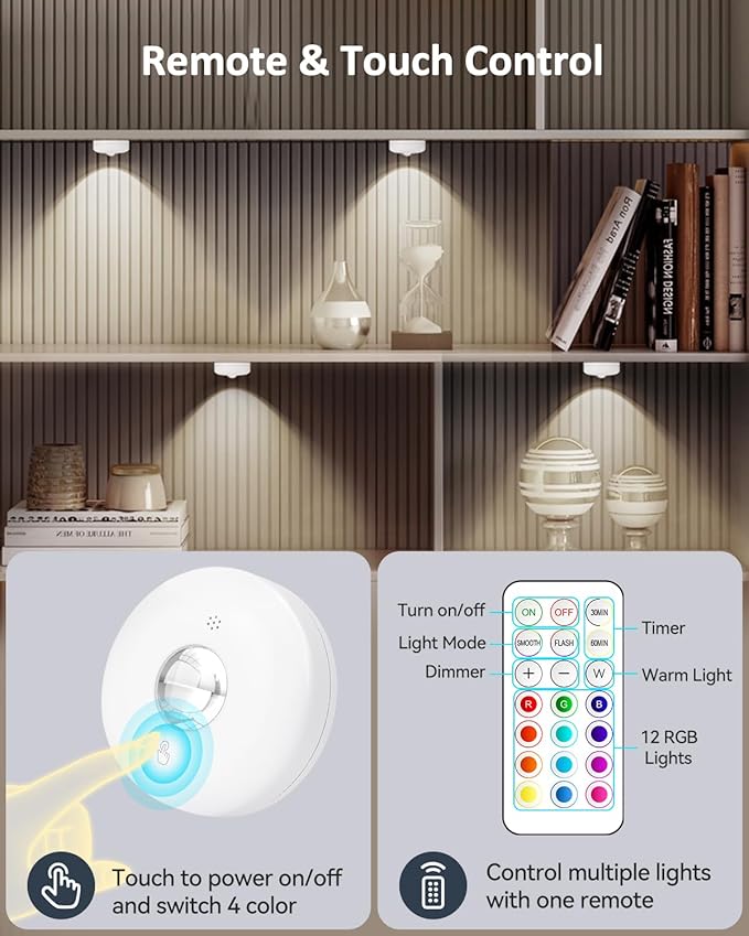 Yiliaw LED Puck Lights with Remote, Magnetic AAA Battery Operated Light, Under Cabinet Lighting, Tap Lights with Dimmer & Timmer for Kitchen, Closet, Shelf - 6 Pack, White