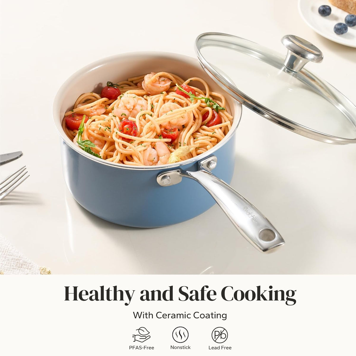 Redchef Nonstick Ceramic Sauce Pan With Lid, 3.5QT Small Cooking Pot with Stay-Cool Handle, Kitchen Non Toxic Soup Pot, PTFE & PFOA Free, Oven & Dishwasher Safe, Compatible with All Stovetops-Blue
