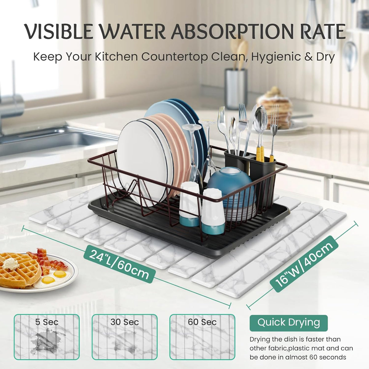 Stone Dish Drying Mat Collapsible Diatomaceous Earth Absorbent Mat Quick Dish Drying Pad Dish Rack Pad Match Any Counterto Multiple Usage for Kitchen,Bathroom (White Marble Pattern, 24"L x 16"W)