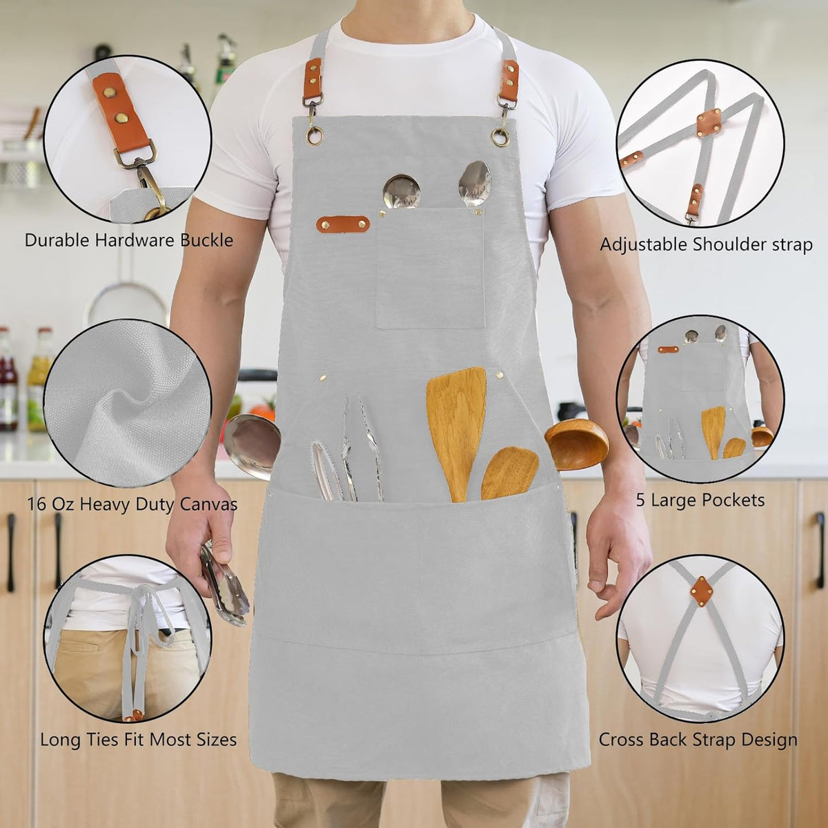Canvas Aprons for Men Chef Apron, Work Apron with Large Pockets - 16oz Heavy Duty Cross Back, BBQ, Cooking