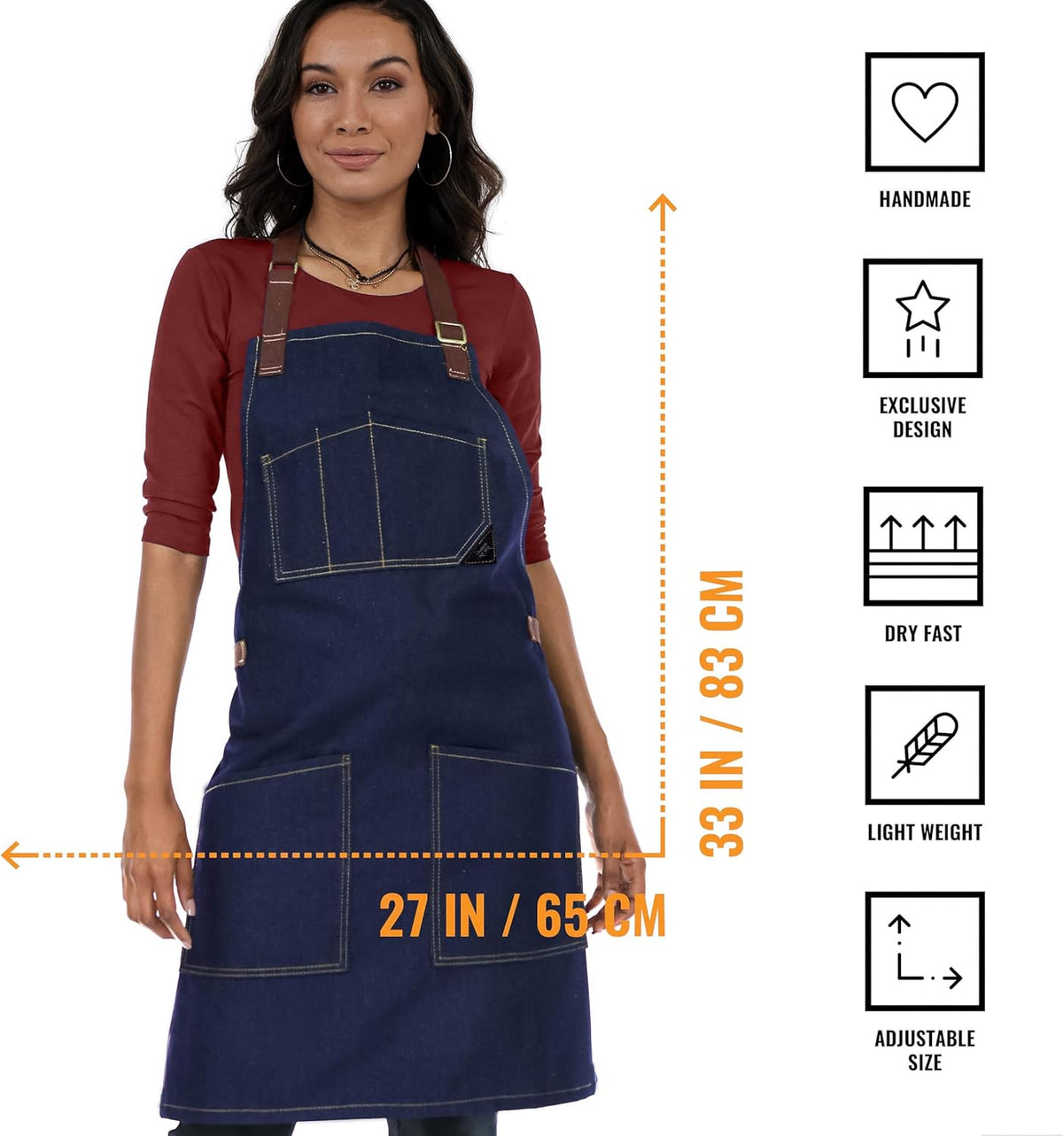 Under NY Sky Chef Apron – Professional Blue Denim – Cotton Straps - Smart Pockets - Adjustable for Men and Women – Pro Chef, Cook, Kitchen, Baker, Barista, Bartender, Server Aprons