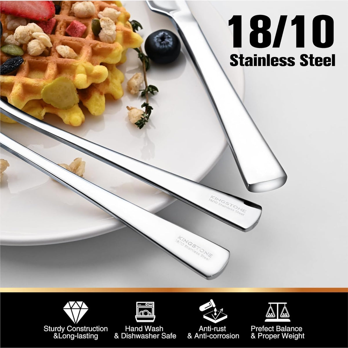 KINGSTONE Silverware Set for 12, 65-Piece Forged 18/10 Stainless Steel Flatware Set, Mirror Finish Cutlery Set Dishwasher Safe for Home, Restaurant, Wedding, Party