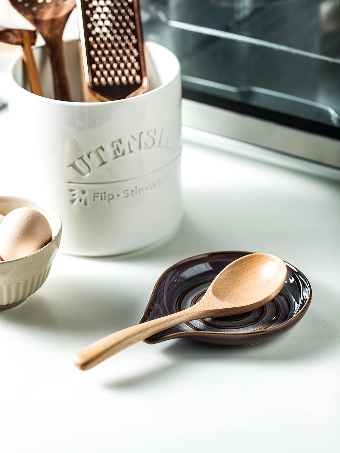 Spoon Rest, Ceramic Spoon Holder with Deep Drip Tray for Stove Top Utensils Holder for Countertop, with Handle for Easy Hold, Purple