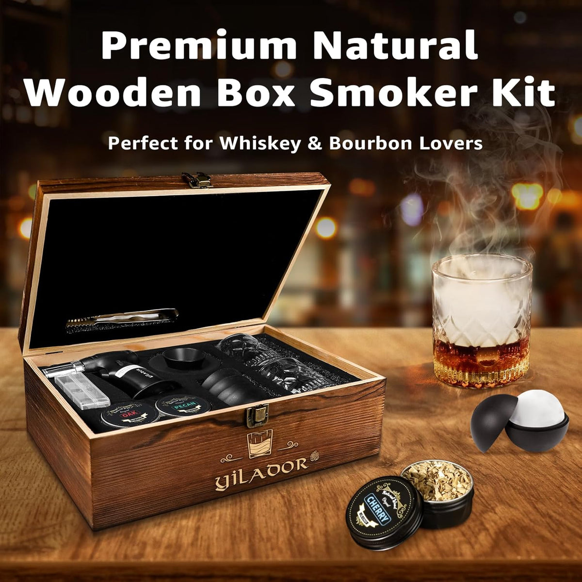 Electric Whiskey Smoker Kit with Torch, Premium Wooden Box, 4 Wood Chips, Ice Molds, Recipes, Cocktail Smoker Kit for Bourbon & Old Fashioned, Ideal Gift for Dad, Husband and Men (No Butane)