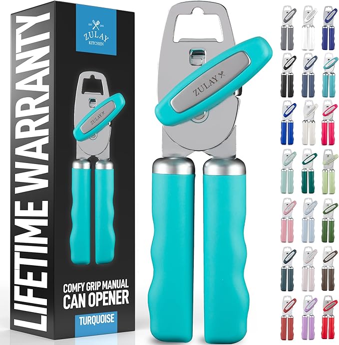 Zulay Kitchen Heavy Duty Stainless Steel Can Opener Manual with Bottle Opener - Rust Proof Manual Can Opener With Turn Knob & Soft Grip Handles