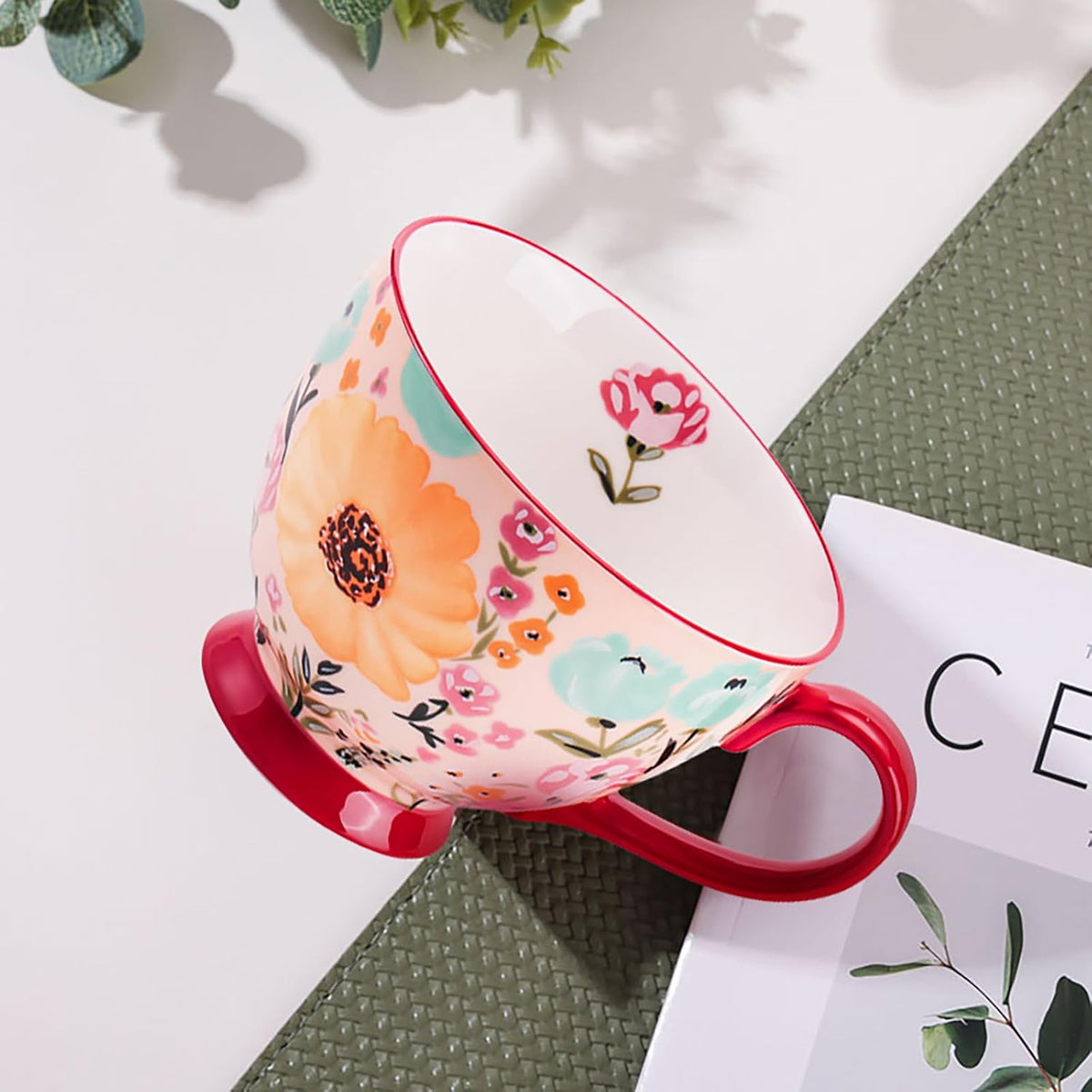 Vintage Flower Mugs – Large Ceramic Coffee Mug (15oz) – Cute Cereal Cup for Breakfast, Oatmeal Tea & Hot Drinks – Handmade Ceramic Cup with Floral Design