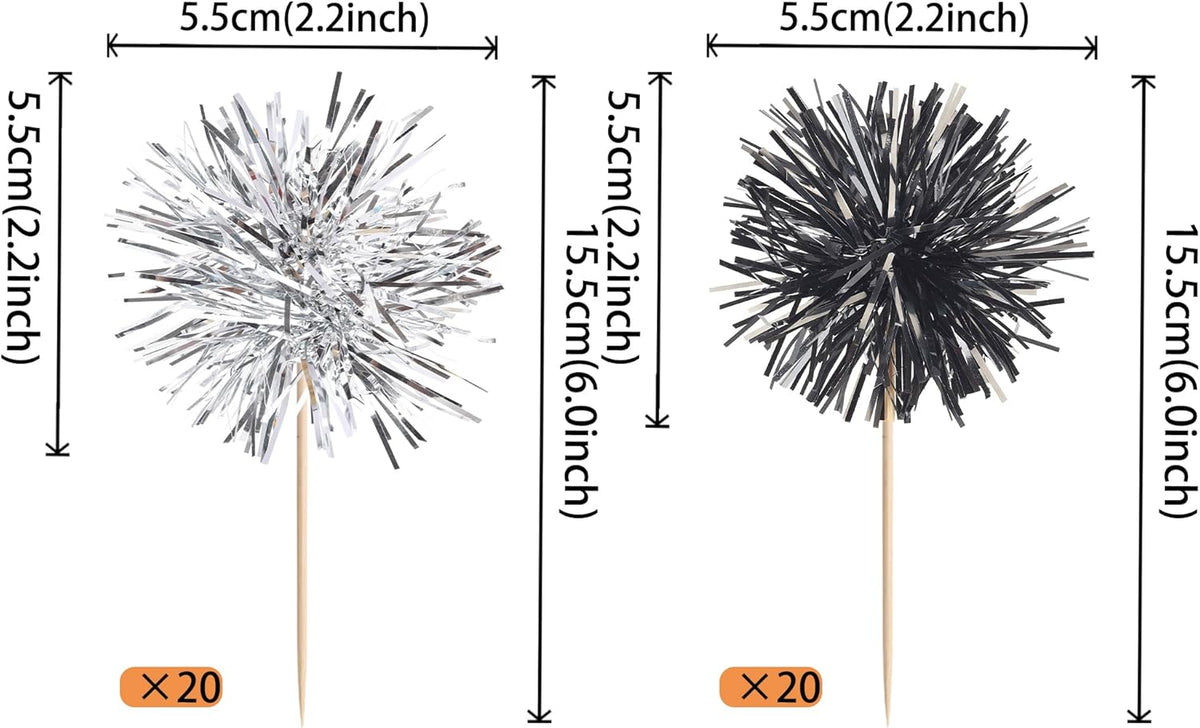 40 PCS Foil Firework Cupcake Toppers Sparkle Tinsel Cupcakae Picks Foil Firework Party Decorations Cocktail Fruit Toothpick for Fireworks Theme Birthday Wedding Graduation Party Decor Black Silver