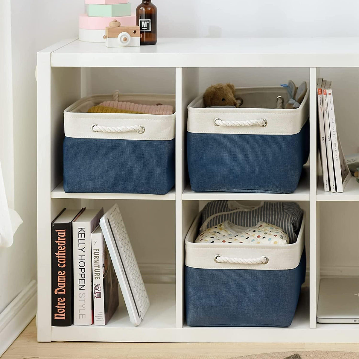 TheWarmHome Storage Bins for Shelves - 1 Pack 15.7x11.8x8.3 inch Fabric Storage Cubes, Storage Basket for Organizing Gift Laundry Cloth Toy Room (White & Jean Blue)