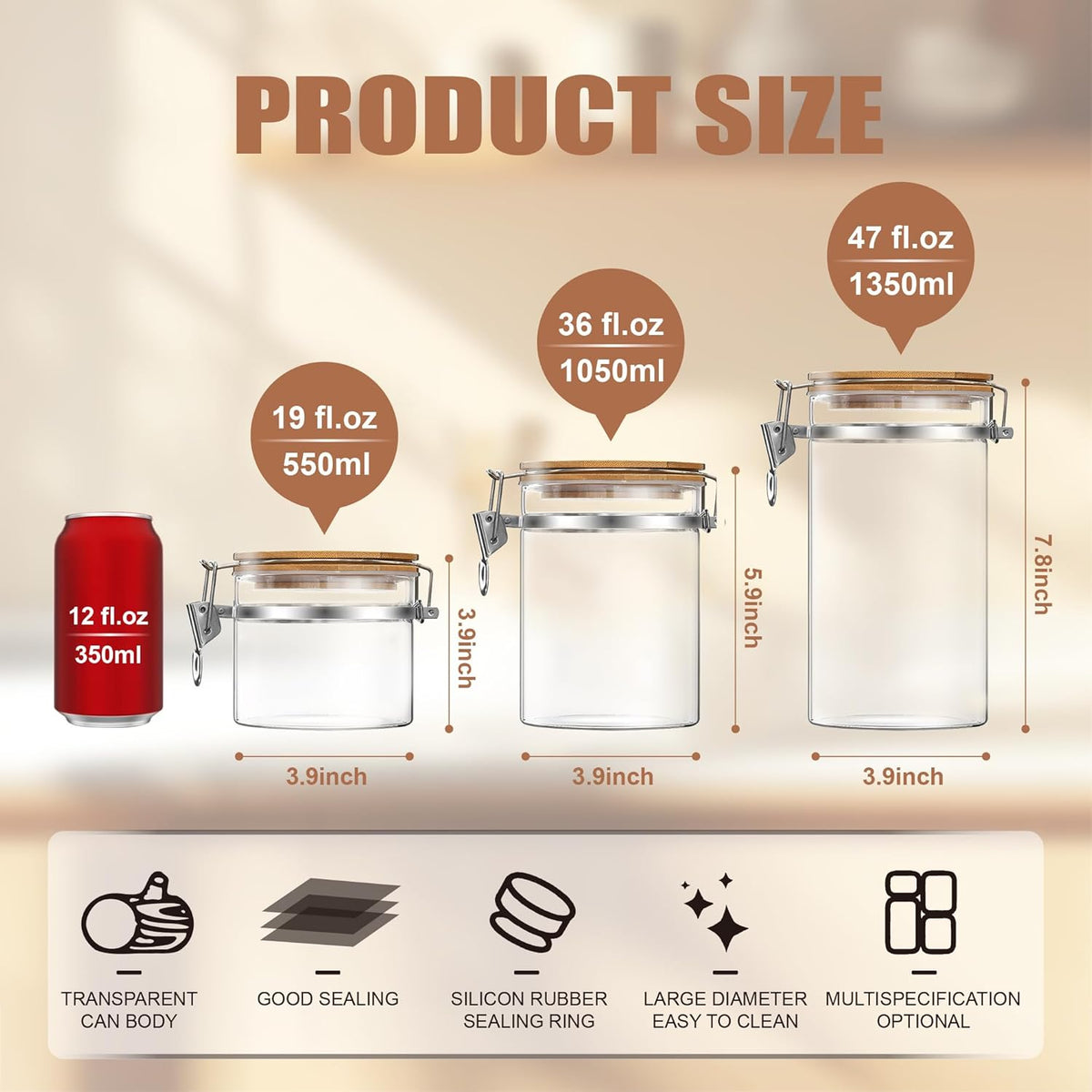 47 oz/1350ml Clear Glass Storage Canister with Airtight Bamboo Lid, Large Decorative Container Jar for Coffee Spice Candy Salt Tea Cookie Condiment Pepper Sugar Overnight Oatmeal Snacks