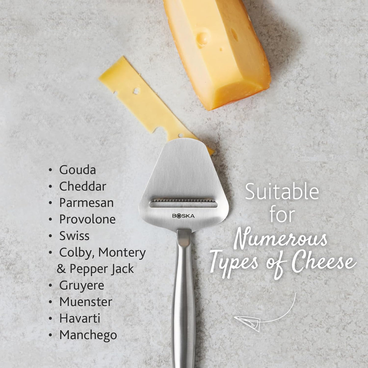Boska Stainless Steel Cheese Slicer - Copenhagen For All Types of Cheese - Multi-Functional Cheese Slicer - Handheld Slicer - Silver Non-Stick - Dishwasher Safe - For Kitchen Cooking