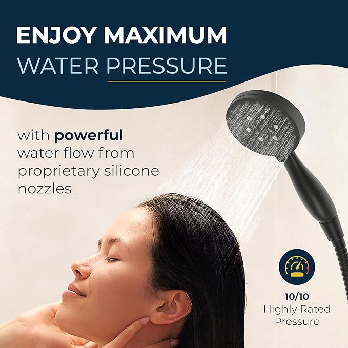 HammerHead Showers® Solid Metal 3-Spray Handheld Shower Head with Long Hose and Holder - MATTE BLACK - 2.5 GPM High Pressure Shower Head with Handheld Sprayer - WIDE, MASSAGE, and MIST Sprays