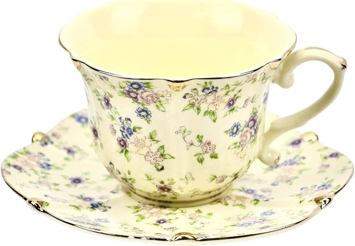 TATSUMI Country Roses Bone China Tea Cup and Saucer Set, 3 Pieces, Vintage Style, For Women and Tea Parties(yellow,1 Set)