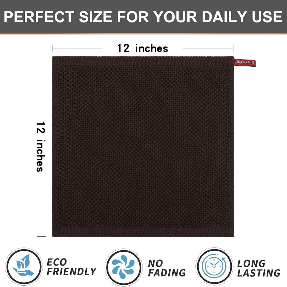 Kitinjoy 100% Cotton Kitchen Dish Cloths, 6 Pack Waffle Weave Ultra Soft Absorbent Dish Towels for Drying Dishes Quick Drying Kitchen Towels Dish Rags, 12 X 12 Inches, Dark Brown