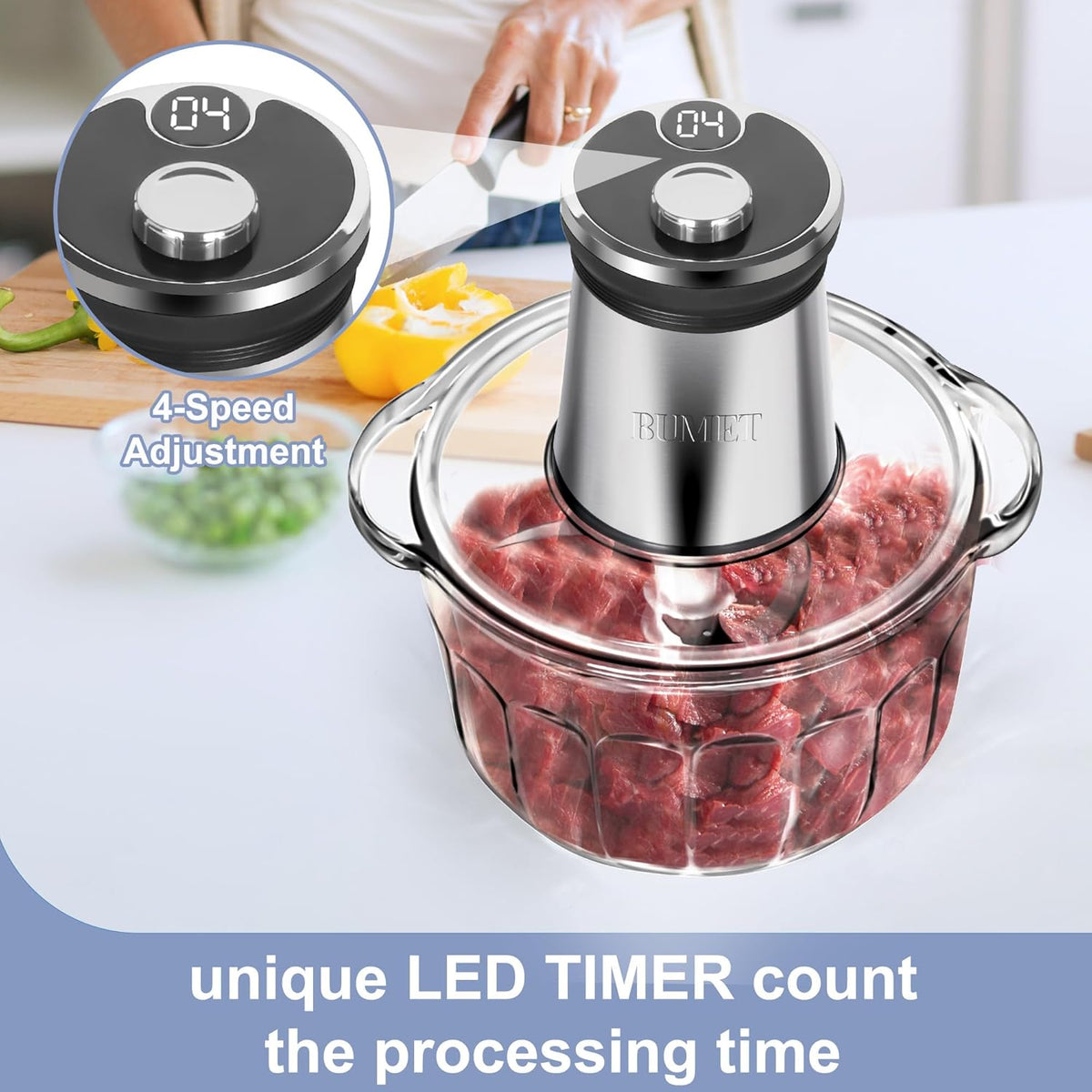 Electric Meat Grinder 850W Food Chopper Food processor with LED timer one 16cup thick glass bowl, 2 sets three-layers 6 blades cutter by BUMET