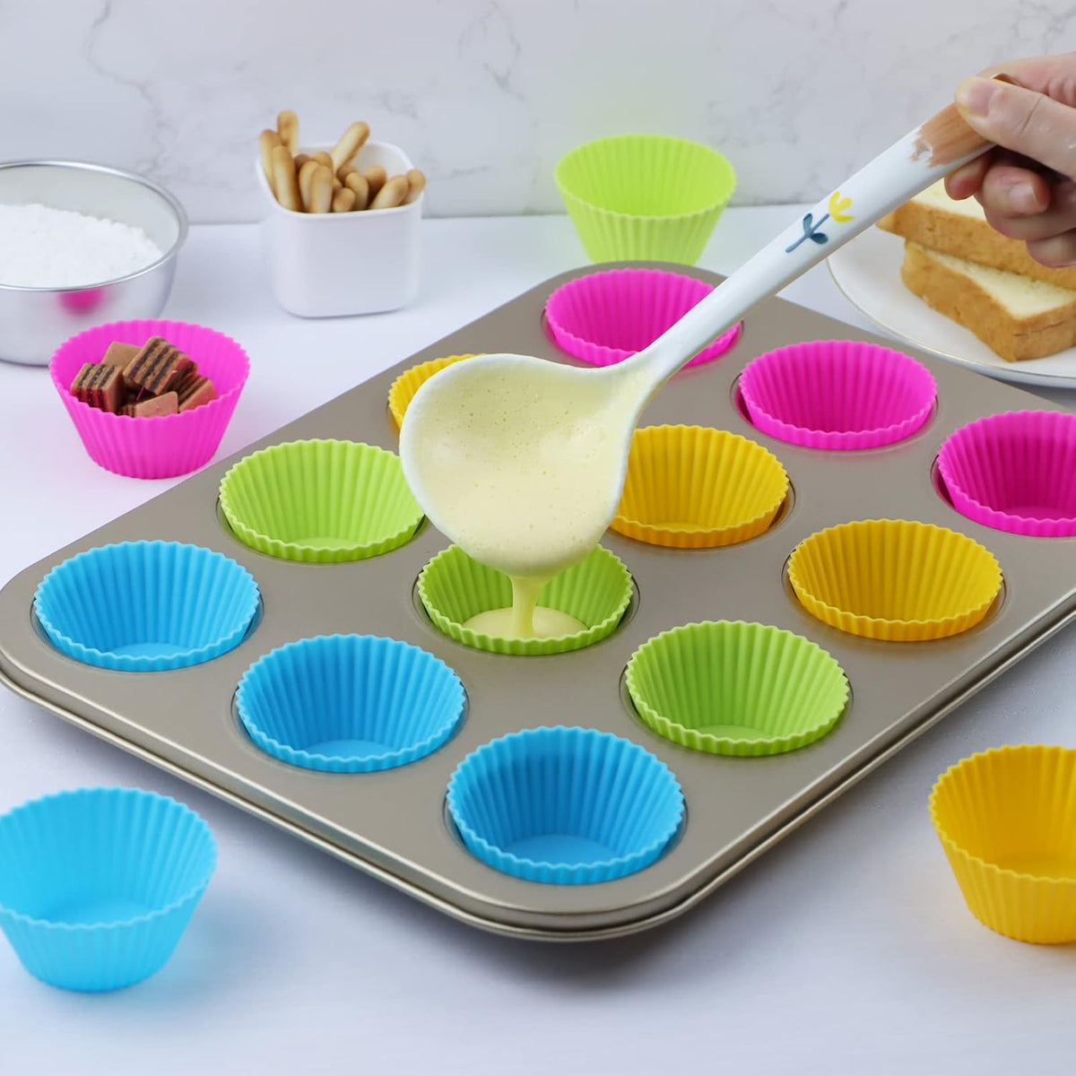 24Pack Silicone Muffin Cups, Reusable Cupcake Liners Molds for Baking, 3 Shapes Lunch Box Bento Dividers-Round, Square, and Rectangular (Colorsful, Regular Size)