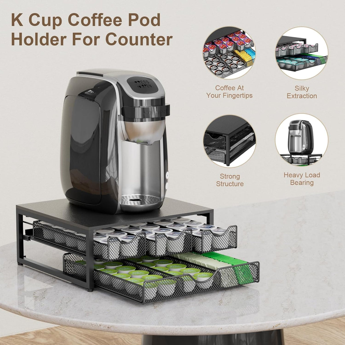 Coffee Pod Holder For Counter, 3 Pull-Out 72 K-Cup Holder Drawer, Wooden Cafe Pods Storage Organizer with Sliding Drawers for Coffee Station, Home, Kitchen, Office, Dorm, Black