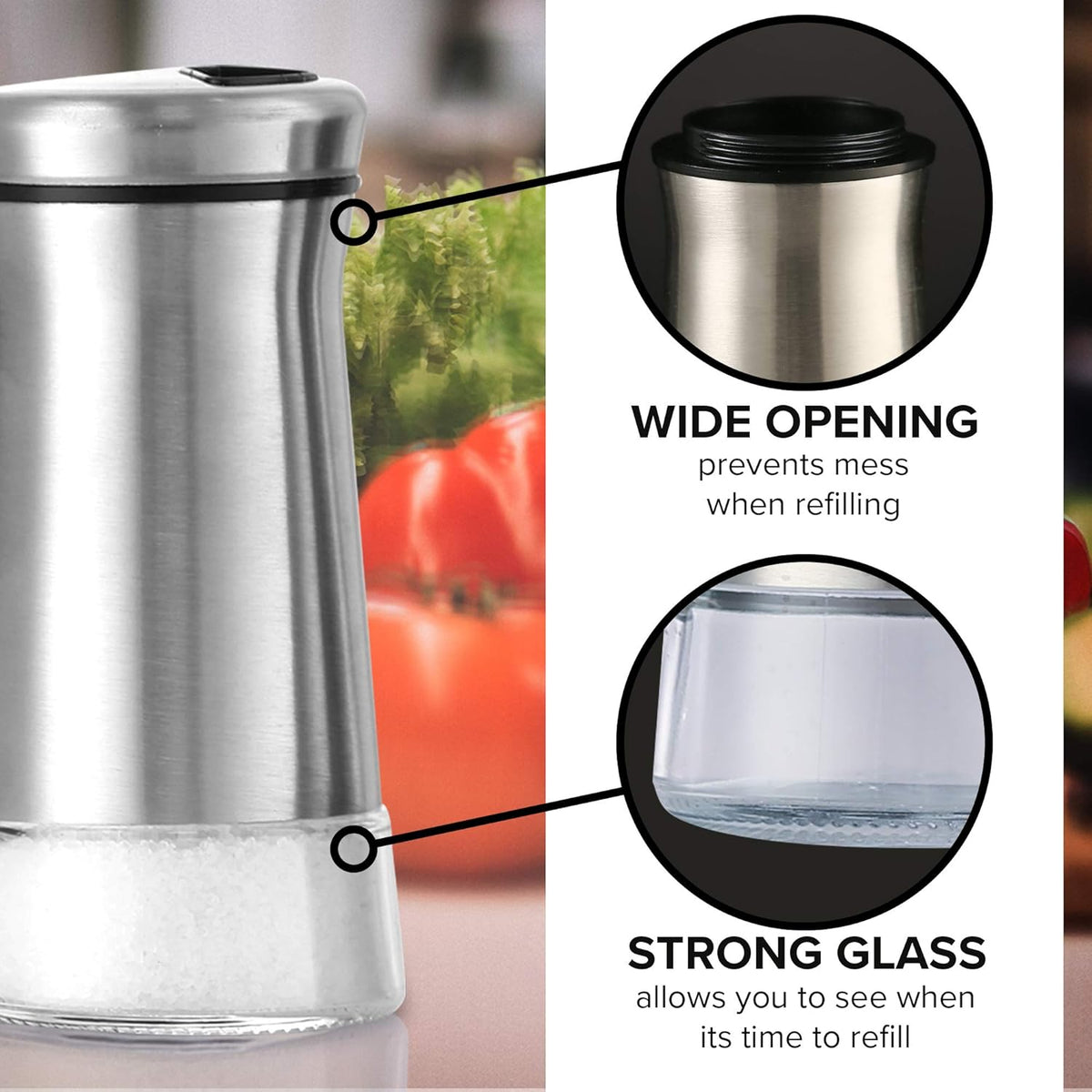 The Original Salt Shaker - Spice Dispenser with Adjustable Pour Holes - Stainless Steel & Glass 1 Bottle