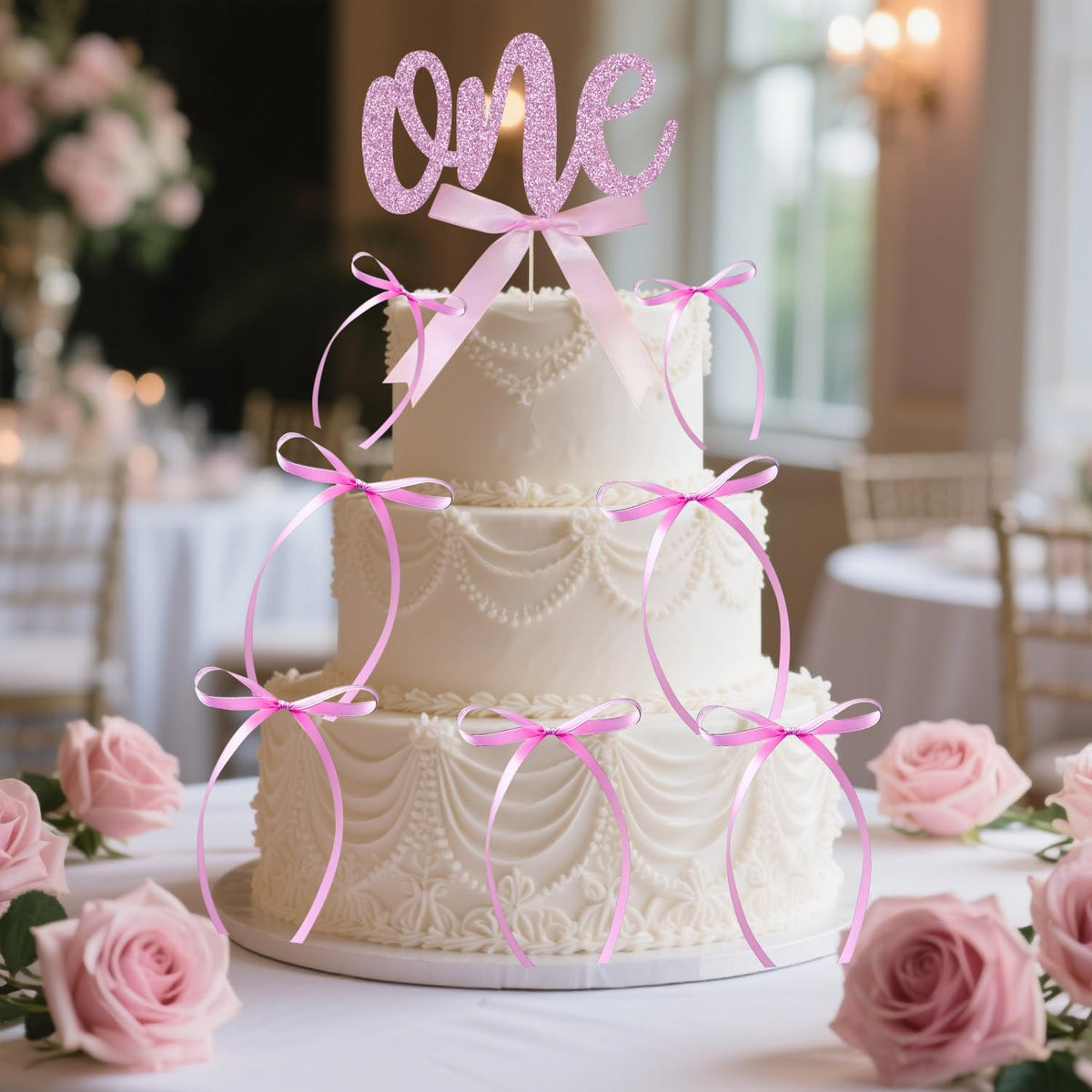 ALISSAR 1st Birthday Cake Topper with 8 Pink Bows – First Birthday Cake Decorations for Girls, Pink Bow, One Cake Topper for 1st Birthday Party