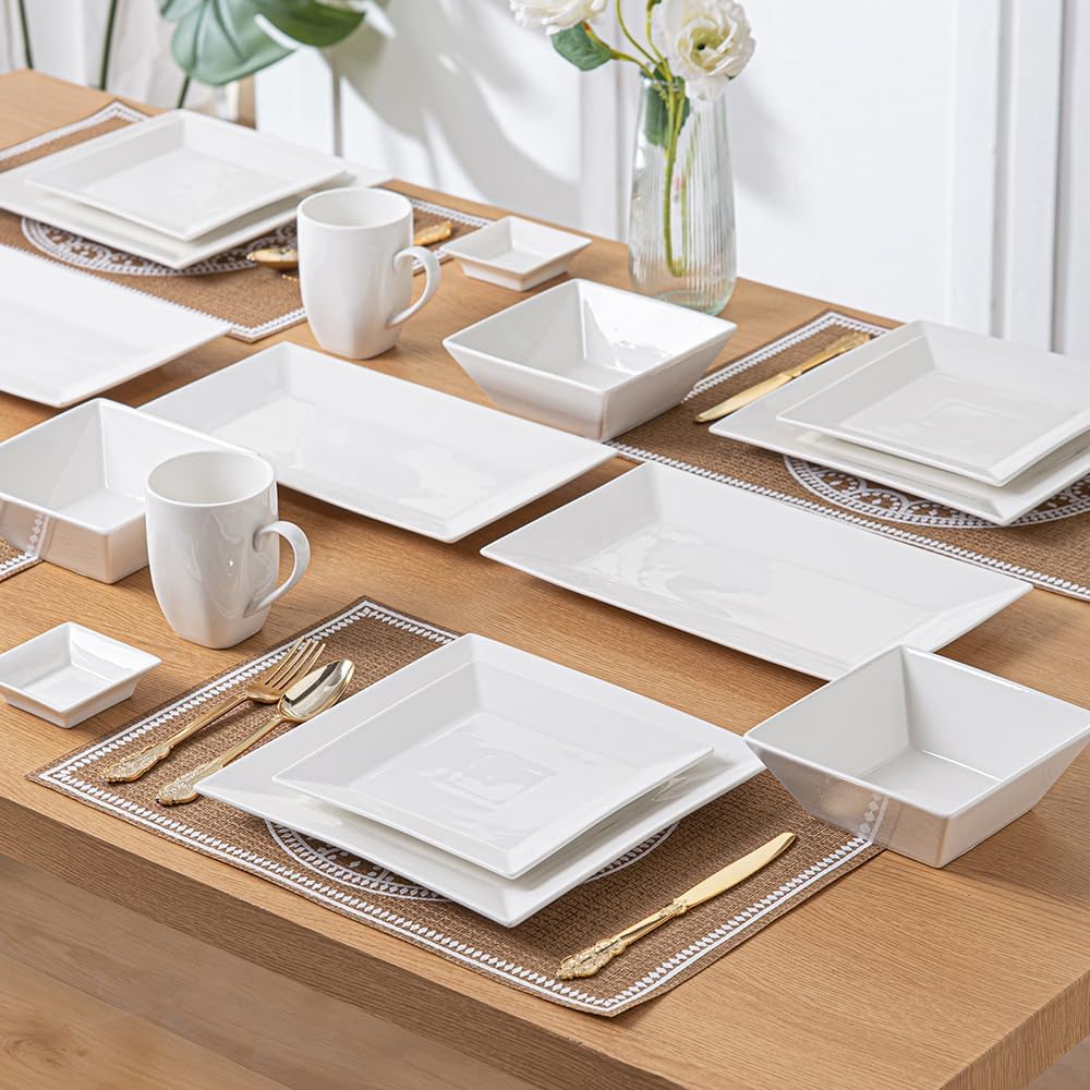 Porlien 24-Piece Classic Square Dinnerware Set for 6-Off White Plates