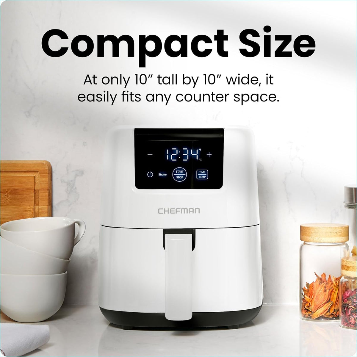 CHEFMAN 2 Qt Mini Air Fryer – Digital Space-Saving Compact Air Fryer with Nonstick and Dishwasher Safe Basket, Quick & Easy Meals in Minutes, Features Digital Timer and Shake Reminder – White