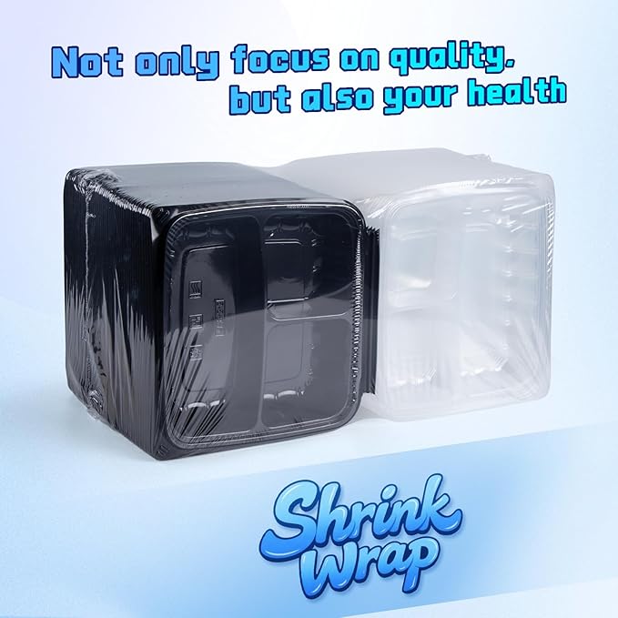 YANGRUI Food Containers 9.5" 38 oz 45 Pack - Anti Fog Lid Shrink Wrap Commercial PP BPA Free Takeout Box | Reusable & Disposable, Freezer & Microwave Safe | Restaurant 3 Compartment Plastic Container