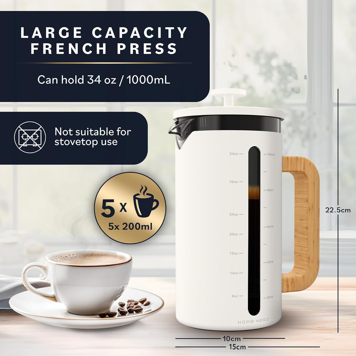 Home Hero French Press Coffee Maker - 34 oz Coffee Press with Bamboo Wood Handle, Heat Resistant Thick Borosilicate Glass French Presses, 4 Layer Filter, French Press Stainless Steel (Light Cream)