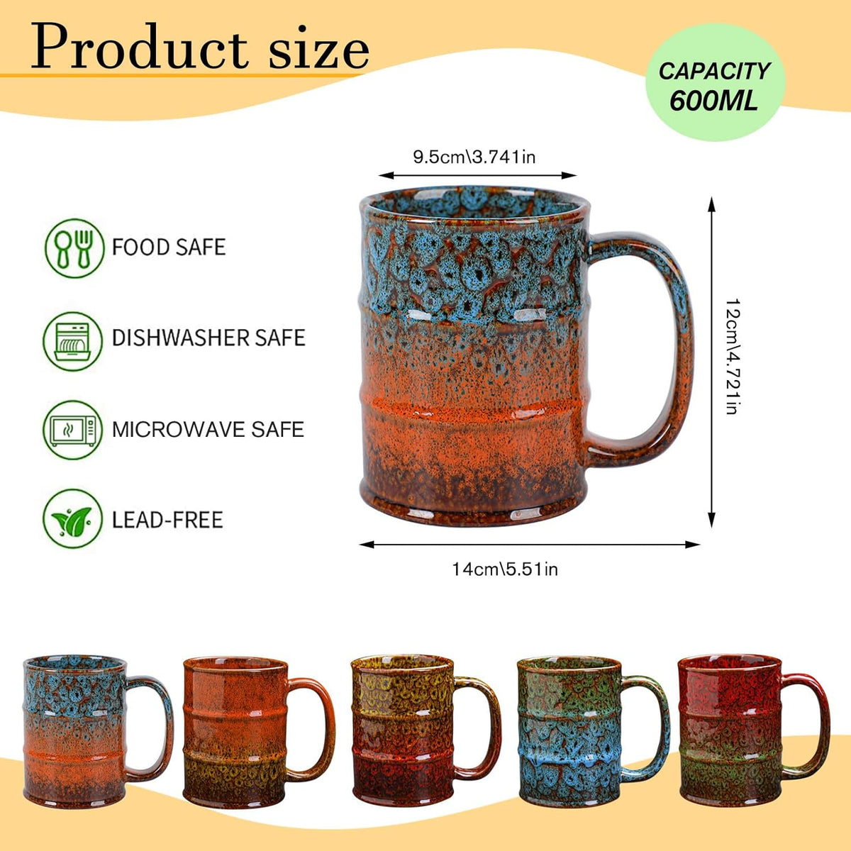 Ceramic 20 oz Coffee Mugs - Large Tea Cup for Office and Home - Dishwasher and Microwave Safe (1, Green and Blue)