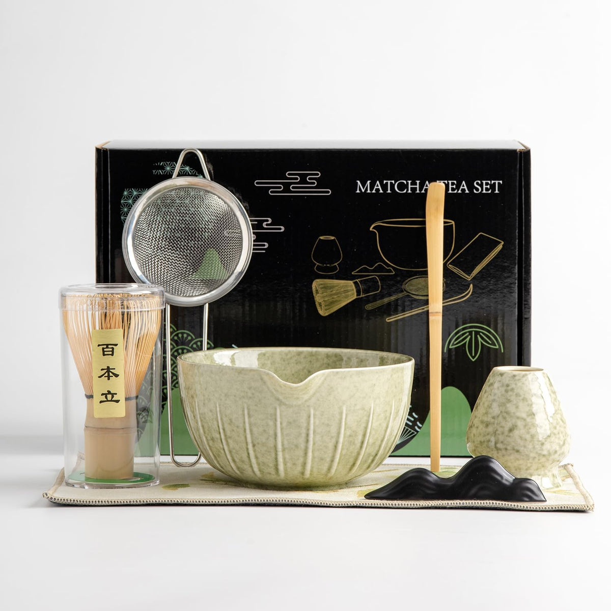 Japanese Matcha Ceremony Accessory, Matcha Whisk, Traditional Scoop (Chashaku), Tea Spoon, Whisk Holder, 1 tea bowl, 1 tea siev, The Perfect Set to Prepare a Traditional Cup of Matcha. (waitu001)