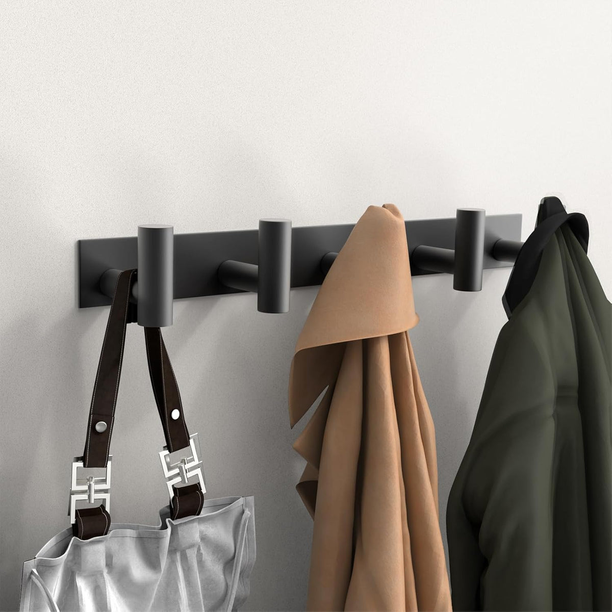 PMMASTO Coat Rack Wall Mounted, 5 "T Shaped Wall Hooks for Hanging, Heavy Duty Stainless Steel Coat Hook Rail for Hat Towel Robes in Bathroom Kitchen Mudroom Entryway (Black, 2 Pack)
