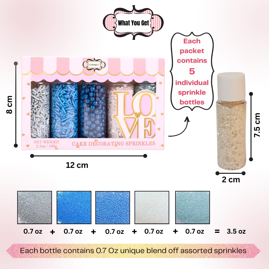Confect Blue Sprinkles Mix – 5 Shades of Blue with Navy Dragees, Silver, Baby Blue Jimmies & White Sparkling Sugar | Edible Sprinkles for Cakes, Cupcakes & Baking | Vegan, Gluten-Free, Nut-Free, Soy-Free, Dairy-Free, Palm Oil-Free- 5 Oz