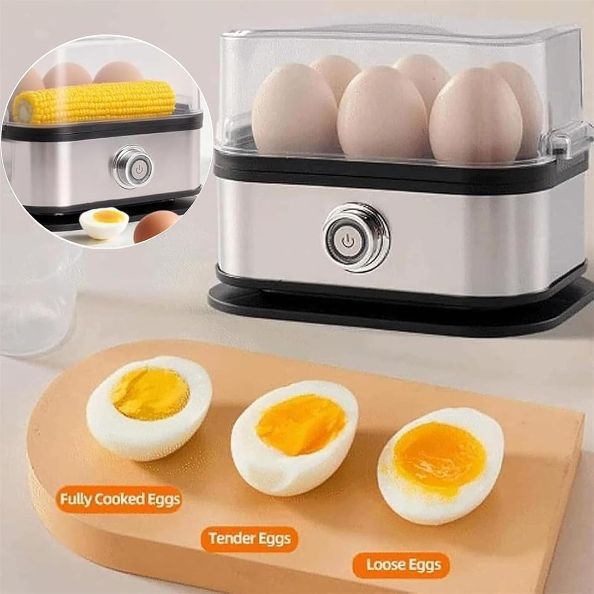Sunny Side Master Egg Cooker, Multi-functional 6-Egg Rapid Cooking Capacity, Electric Poacher with Stainless Steel Design, For Soft Medium Hard Boiled Eggs and Omelettes (2Pcs)