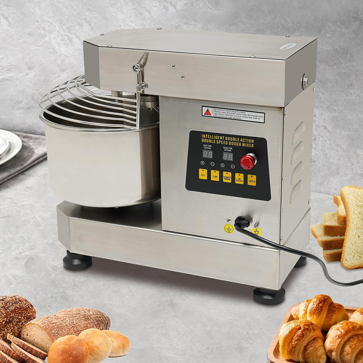 Commercial Food Mixer 750w,Stainless Steel Dual Rotating Dough Kneading Machine,10.5QT Heavy-duty Dough Mixer with Food-Grade Bowl Security Shield Timer for Bakery Restaurant Home