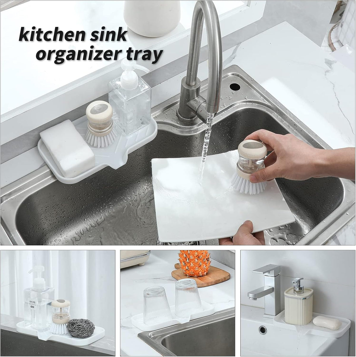 Silicone Bathroom Soap Dishes with Drain Spout-Bathroom and Kitchen Sink Organizer,Sponge Holder,Dish Soap Tray,Perfect for Dispenser,Scrubber,Bottle,Cup on Sink or Counter-White 9.6"×5.3"