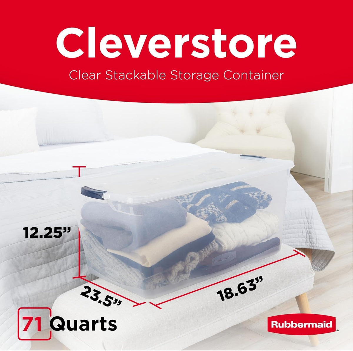 Rubbermaid Cleverstore 74 Qt Clear Storage Bins with Lids, 4-Pack, Stackable, BPA-Free, Made in USA