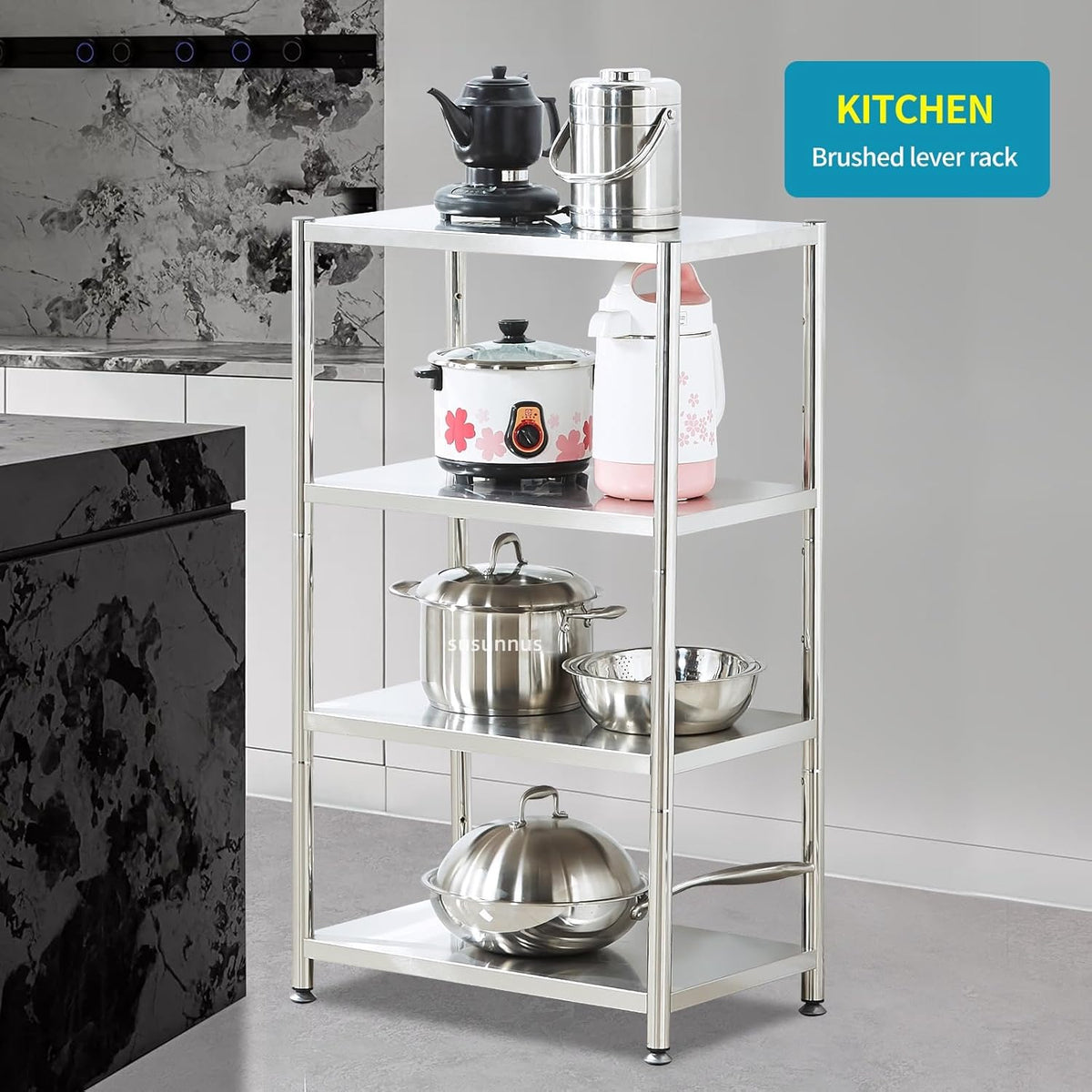 susunnus 4-Tier Stainless Steel Shelf, Heavy Duty Shelving for Kitchen, Garage, Industrial Storage, Kitchen Shelves Adjustable Feet, Easy to Clean(24.8in*15,8in Without Guardrails)