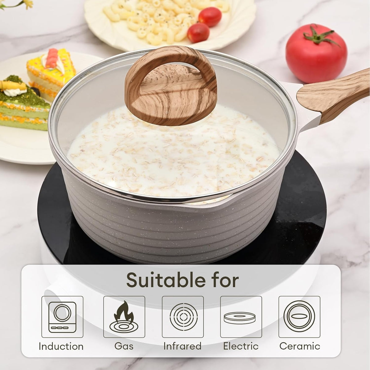 JEETEE 2.5 Quart Sauce Pan with Lid, Non Stick Small Pot with German Granite Coating, Masterclass Cookware Sauce Pot for Cooking, PFOA/PFOS Free(Beige)
