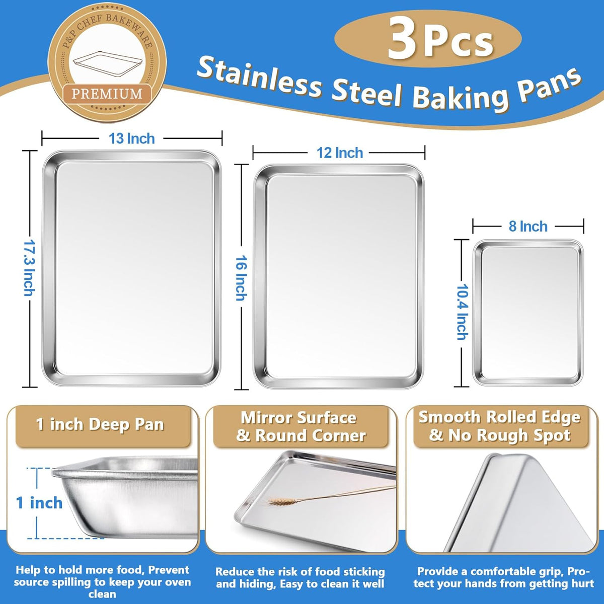 P&P CHEF 17.5 + 16 + 10.4 Inch Baking Sheet and Rack Set, Stainless Steel Cookie Sheets Oven Baking Pans Trays with Cooling Racks for Cooking & Roasting, Oven & Dishwasher Safe, (6Pcs)