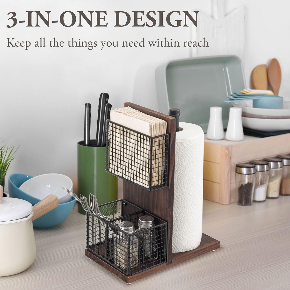 MyGift 3-in-1 Kitchen Organizer with Paper Towel Holder, Napkin Holder & Spice Rack - Rustic Wood & Industrial Metal Pipe Caddy for Farmhouse Dining Table